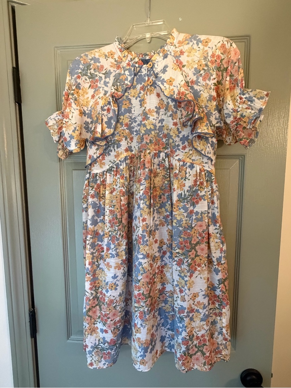 Bonnie Jean Floral Ruffle Dress in Blue, Tan, Orange and Yellow